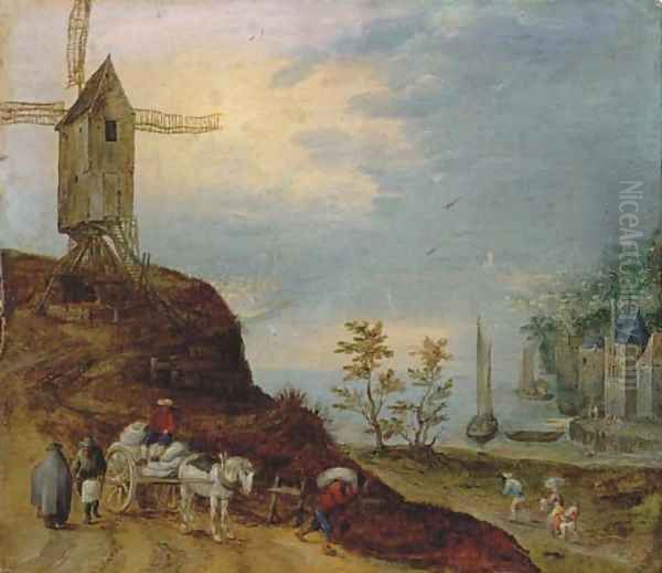 An extensive river landscape with a windmill and travellers on a path - view 1