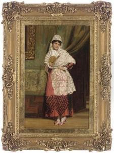 A Spanish Lady With A Fan In An Interior - view 1