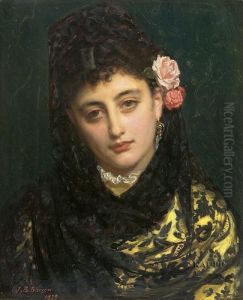 Vor Dunklem Fond Brustbildnis 
Einer Jungen Spanierin, Einen Mit Rosenbluten Verzierten Schwarzen 
Schleier Um Ihre Frisur Tragend.