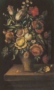 Tulips, roses, and other flowers in a basket on a ledge by Jan The Elder Brueghel