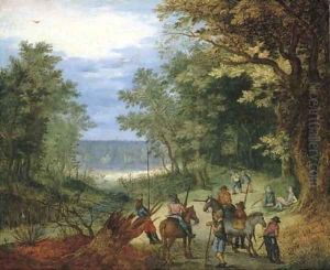 A wooded landscape with soldiers resting on a path by a stream by Jan The Elder Brueghel