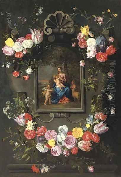 The Madonna and Child with Saint John the Baptist and an angel surrounded by a garland of mixed flowers - view 1