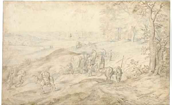Travellers on a path, an extensive landscape beyond - view 1