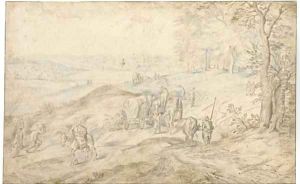 Travellers on a path, an extensive landscape beyond by Jan The Elder Brueghel