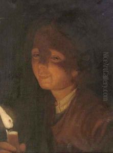 A boy carrying a candle by Trophime Bigot