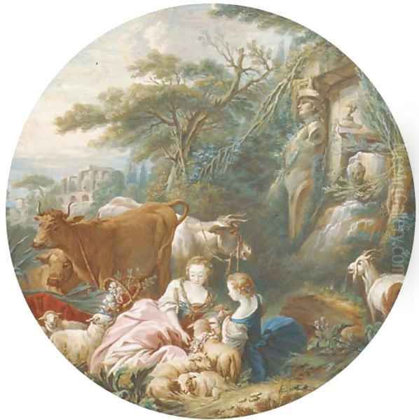 Two shepherdesses with their flocks and herds by an antique spring, classical ruins seen beyond - view 1