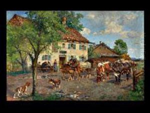 Pferde- Und Ochsenkarren Vor Dem Bauernwirtshaus by Paul Burmeister