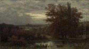 Blick Uber Herbstlichen Weiher Nach Frankfurt
