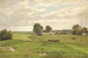 Cattle grazing in a meadow before a farmstead by Axel Birkhammer