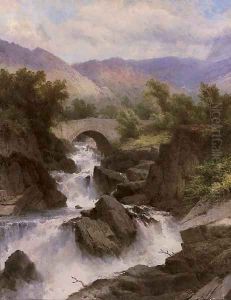 A waterfall in a mountainous landscape by George Law Beetholme