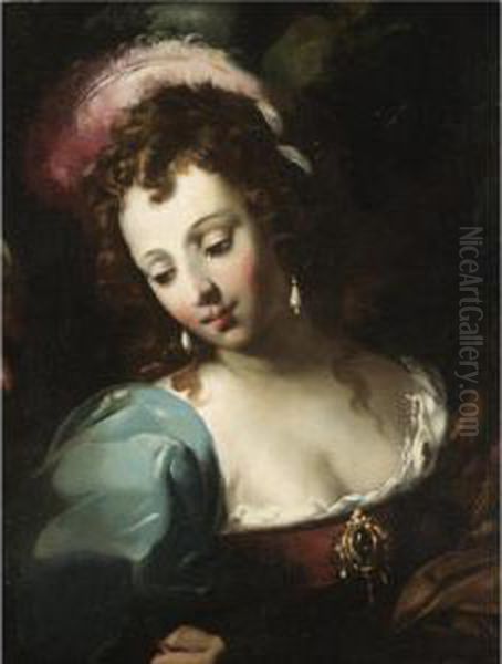 The Head Of A Lady, Wearing A Feather In Her Hair And Pearl Earrings - view 1
