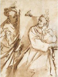 A Caricature Of A Seated Prelate Conversing With Another Man by Gian Antonio Burrini