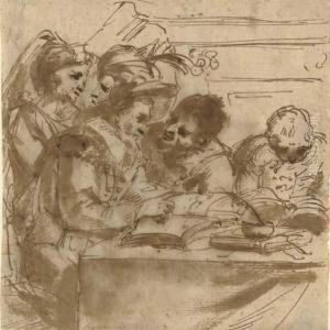 A Group Of Figures At A Table Reading Books by Gian Antonio Burrini