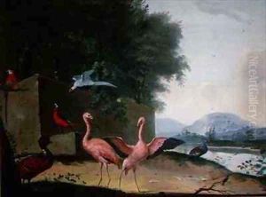 An Assembly of Exotic Birds, Including Flamingoes, Parrots and a Lady Amherst Pheasant by Jan Gerritsz. van Bronckhorst