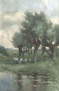 Cows grazing by willow trees by Maria Philippina Bilders-Van Bosse