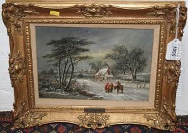 Figureand A Donkey In Snow Covered Lane With Cottages Beyond - view 1