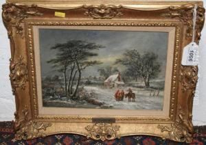 Figureand A Donkey In Snow Covered Lane With Cottages Beyond by Robert Burrows