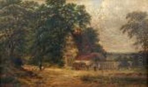 A Donkey And Cart Outside A Farmhouse by Robert Burrows