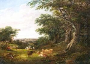 Cattle And Drover In Wooded Landscape