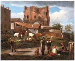Figures conversing along a path with cattle grazing, the triumphal Arch of Janus Quadrifrons, Rome, in the background