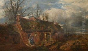 Figures Before A Country Cottage With Poultry By by Charles Thomas Burt