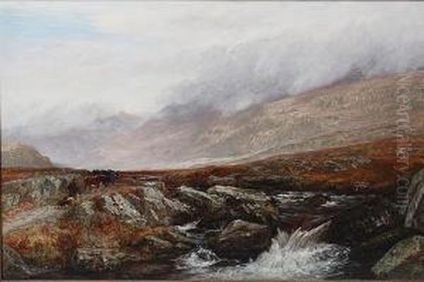 Highland Scene With A Drover And Cattle On A Riverside Path In The Foreground - view 1