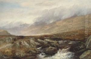 A Drover And His Cattle On A Highland Track Beside A Rockystream by Charles Thomas Burt