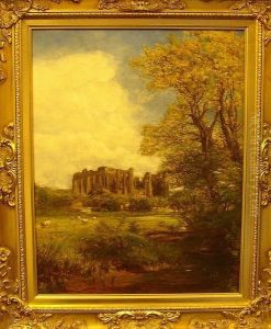 Sheep Grazing Before Castle Ruins, Signed And Dated 'c.t. Burt 1864' by Charles Thomas Burt