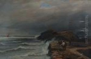 Figures On A Harbour Jetty Looking Out To A Stormy Sea