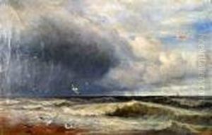 "mareggiata Con Volo Di 
Gabbiani" Olio Su Tela Firmato E Datato 1885 In Basso A Sinistra. In 
Cornice Di Pastiglia
