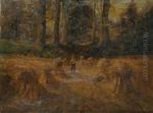 Figures Resting Amongst The Hay Bales Within A Wooded Landscape by Frederick William Burton