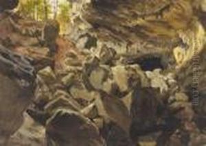 Interior Of A Cave With A View Of Fir Trees by Frederick William Burton