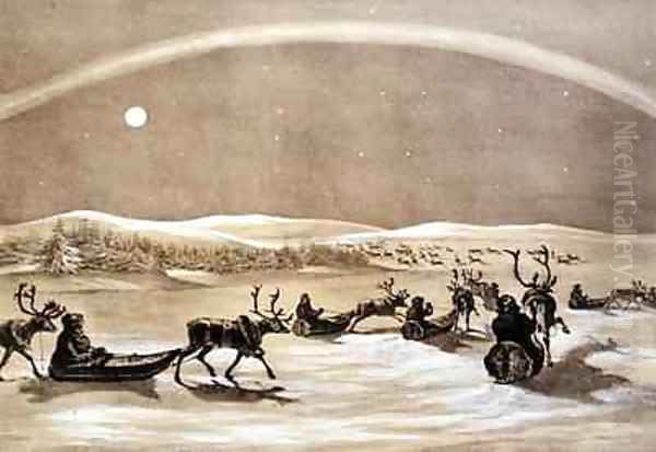 A Singular Appearance of the Northern Lights above a Laplander's Herd of Reindeer Crossing the Jerdis Javri - view 1