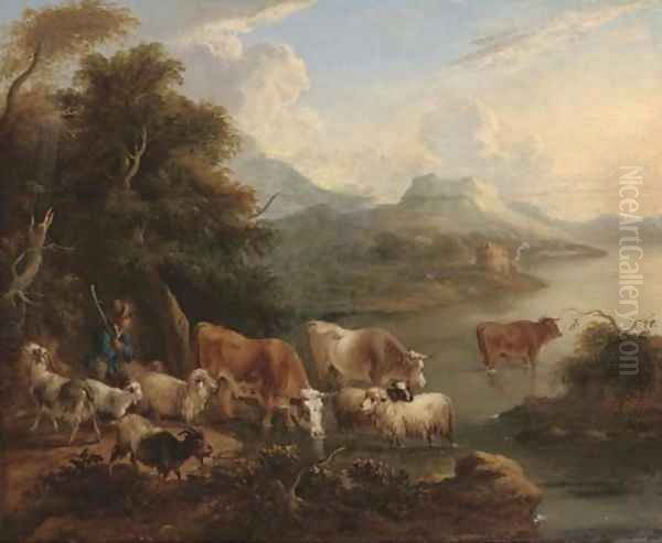 A river landscape with a shepherd, his flock and other cattle on the bank - view 1