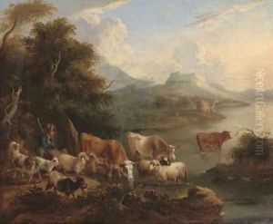 A river landscape with a shepherd, his flock and other cattle on the bank by Dirck Van Bergen