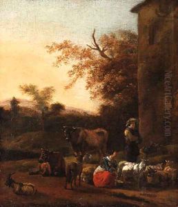 An Italianate Landscape with a Milkmaid and a Herdsman beside a Villa by Dirck Van Bergen