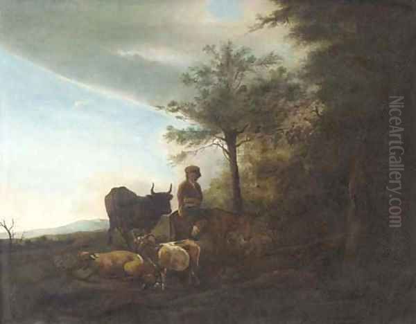 A wooded landscape with a shepherd, goats and cattle - view 1