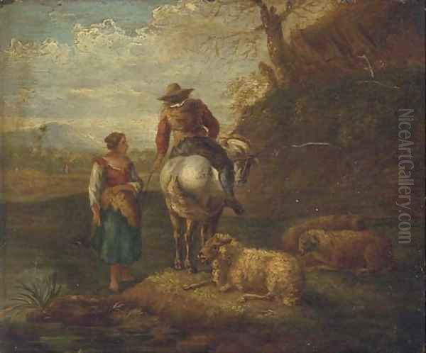 An Italianate river landscape with a shepherd and shepherdess and their flock - view 1