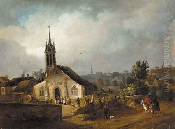 A country church with villagers and horsemen on a nearby track - view 1