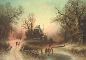 Figures in a winter landscape by Albert Bredow