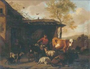 A rustic by a barn with his donkey and other animals