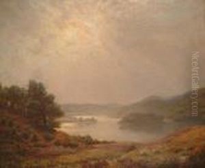 An Extensive View Over A Valley, With Figures In A Rowing Boat On A Lake.