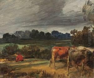 Rotjacke Und Weidende Kuhe In Hugeliger Landschaft by Wilhelm Busch