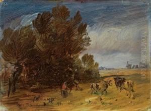 Landschaft Mit Kuhen, Rotjacke Und Windmuhle by Wilhelm Busch