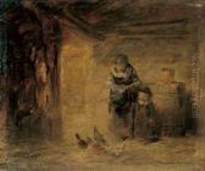 Huhnerfutternde Bauerin Mit Kind by Wilhelm Busch