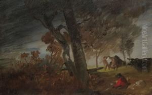 Herbstlandschaft Mit Rotjacke Und Zwei Kuhen by Wilhelm Busch