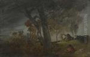 Autumn Landscape With Redcoat And Two Cows.