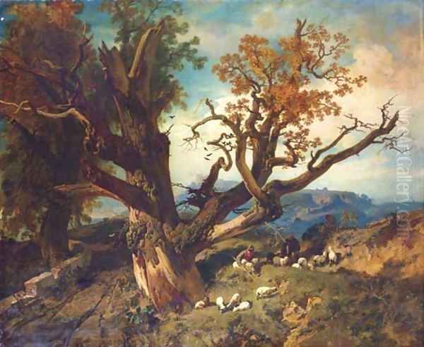 Shepherds with their flock in a mountainous landscape - view 1