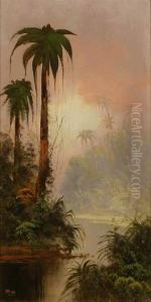Tropical River Landscape S & Dated L/l: N. Bush 1874 O/c 20 X 10.5 - view 1
