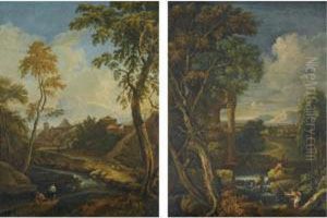 An Italianate Landscape With
Fishermen In The Foreground Before Classical Ruins; An Italianate
Landscape With Fishermen In The Foreground With A Town Beyond by Jan Frans Van Bloemen (Orizzonte)